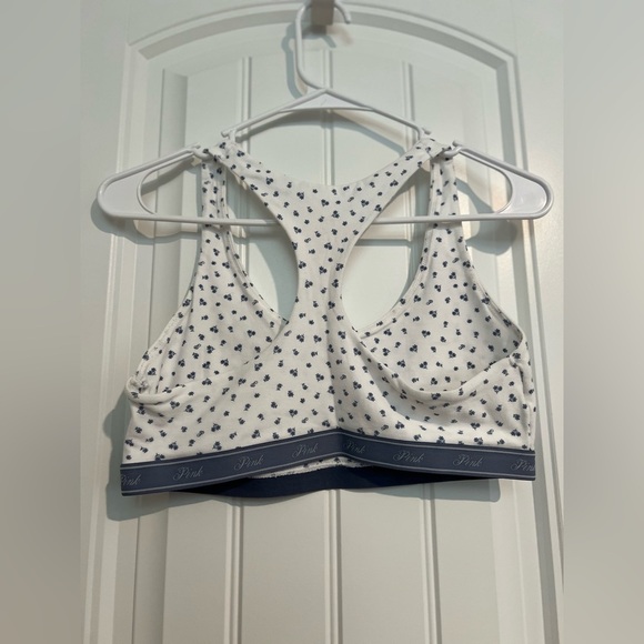 PINK Victoria's Secret Cotton Racerback Bralette, White Floral Print Sports Bra - Picture 7 of 8